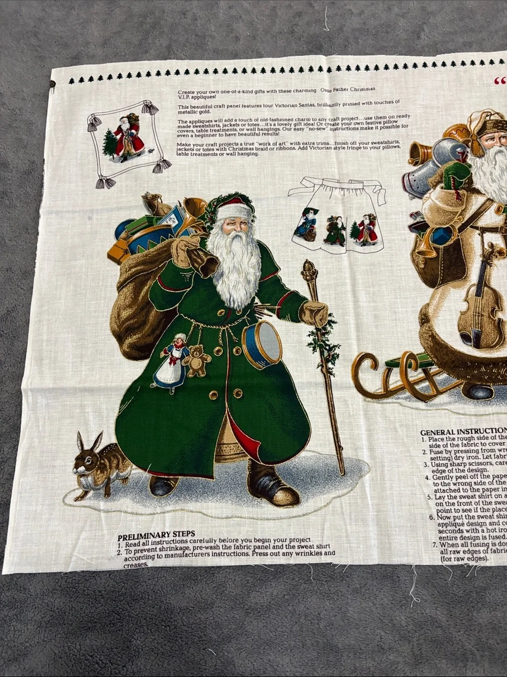 Vintage Holiday Santa Appliqué Panel FabricMulticolor Christmas Fathers Design